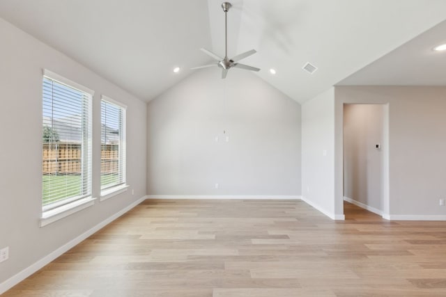 interior space with light wood finished floors, a ceiling fan, recessed lighting, and visible vents