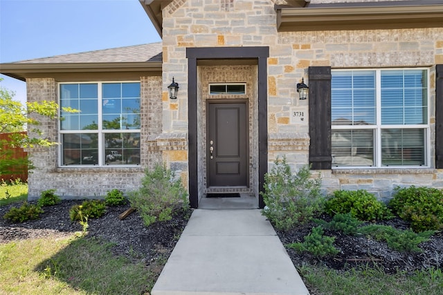property entrance with stone siding