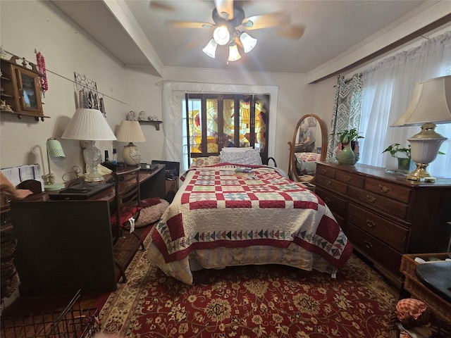 bedroom featuring crown molding, access to outside, and ceiling fan