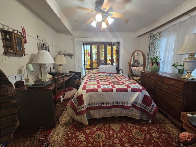 bedroom featuring access to outside, ceiling fan, multiple windows, and ornamental molding