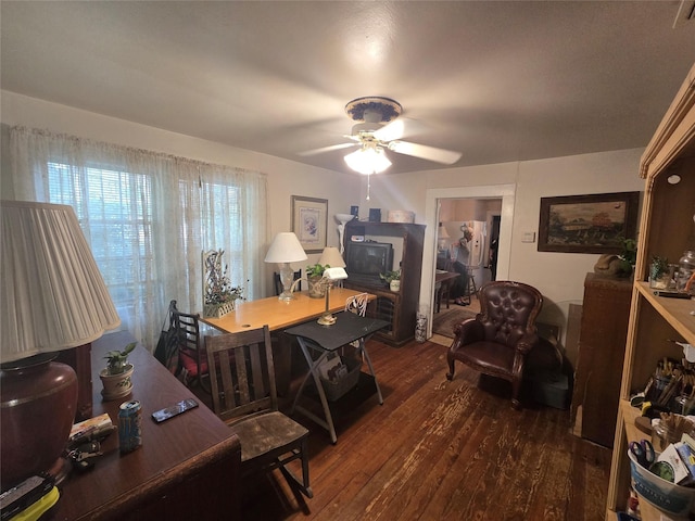 office space featuring a ceiling fan and wood finished floors