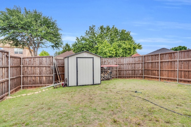 view of yard featuring a fenced backyard, an outdoor structure, and a shed