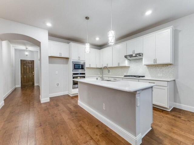 kitchen with light countertops, arched walkways, under cabinet range hood, a sink, and stainless steel appliances