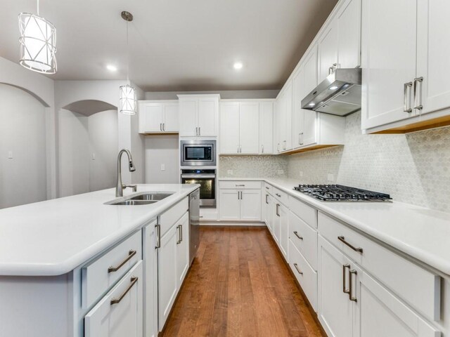 kitchen featuring appliances with stainless steel finishes, range hood, a sink, dark wood-style floors, and white cabinetry