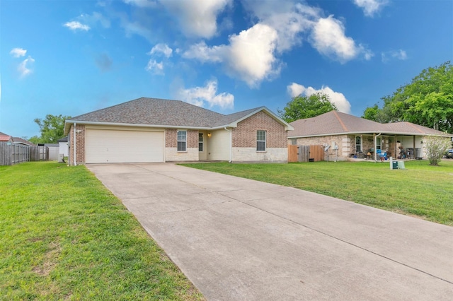 ranch-style house with a front yard, brick siding, fence, concrete driveway, and an attached garage