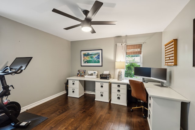 office area with dark wood-type flooring, baseboards, and ceiling fan