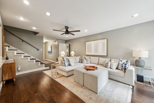living room with wood-type flooring, recessed lighting, ceiling fan, and visible vents