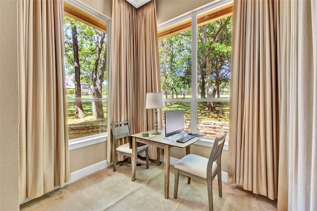 carpeted home office featuring a healthy amount of sunlight and baseboards