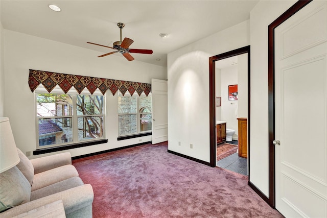 unfurnished living room with baseboards, carpet flooring, a ceiling fan, and recessed lighting