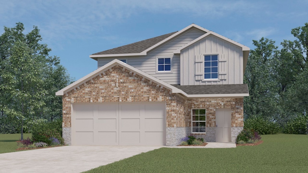 view of front of house featuring board and batten siding, concrete driveway, a front lawn, and stone siding