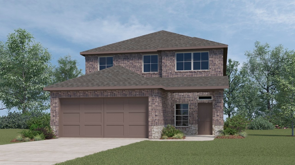 view of front of property featuring a garage, a shingled roof, concrete driveway, and a front yard
