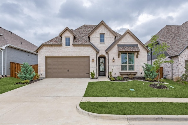 4012 Prickly Pear Ave, Aubrey, TX 76227 - french country inspired facade with driveway, a garage, brick siding, fence, and a front lawn