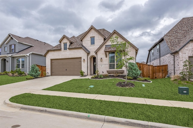 4012 Prickly Pear Ave, Aubrey, TX 76227 - view of front of property with fence, a front yard, brick siding, an attached garage, and driveway
