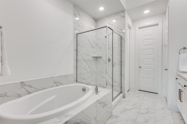 4012 Prickly Pear Ave, Aubrey, TX 76227 - bathroom with a bath, recessed lighting, a marble finish shower, and marble finish floor
