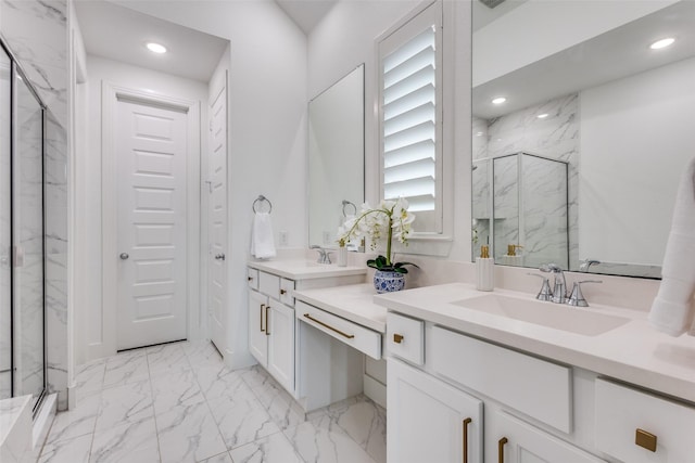 4012 Prickly Pear Ave, Aubrey, TX 76227 - full bath with recessed lighting, a marble finish shower, a sink, and marble finish floor