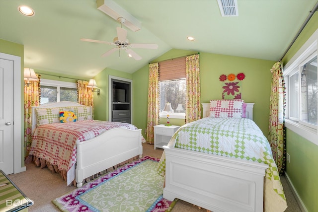 bedroom featuring carpet flooring, recessed lighting, visible vents, and vaulted ceiling