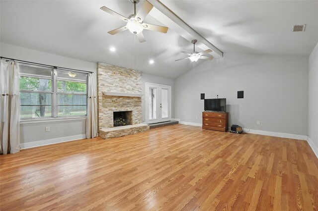 5608 Trail Lake Dr, Arlington, TX 76016 - unfurnished living room with light wood-style flooring, a ceiling fan, a fireplace, and baseboards