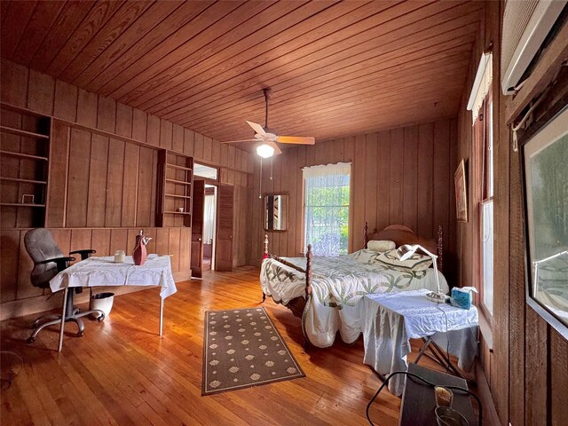 900 Park Dr, Hillsboro, TX 76645 - bedroom with ceiling fan, wood finished floors, wooden walls, and wooden ceiling