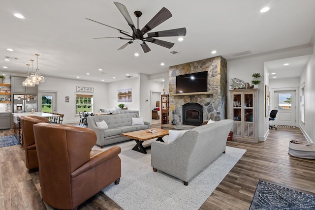 275 Ed Dutton Rd, Pottsboro, TX 75076 - living area featuring recessed lighting, a ceiling fan, dark wood finished floors, baseboards, and a fireplace