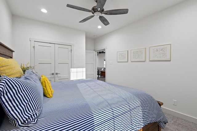 275 Ed Dutton Rd, Pottsboro, TX 75076 - carpeted bedroom with recessed lighting, baseboards, a closet, and ceiling fan