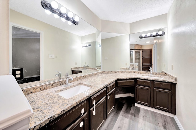 bathroom featuring a sink, double vanity, a stall shower, and wood finished floors