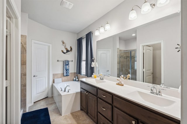 full bathroom with double vanity, a sink, a bath, and a shower stall