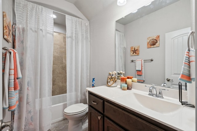 bathroom with vanity, shower / tub combo, lofted ceiling, and toilet