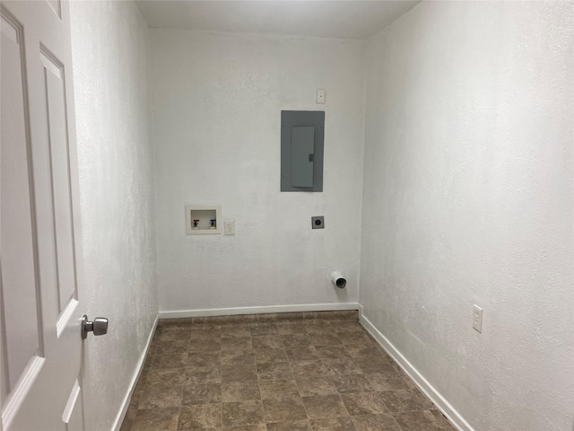clothes washing area with laundry area, hookup for a washing machine, baseboards, electric dryer hookup, and electric panel