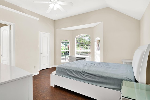 3837 Evesham Dr, Plano, TX 75025 - bedroom featuring dark wood-style flooring, ceiling fan, and lofted ceiling