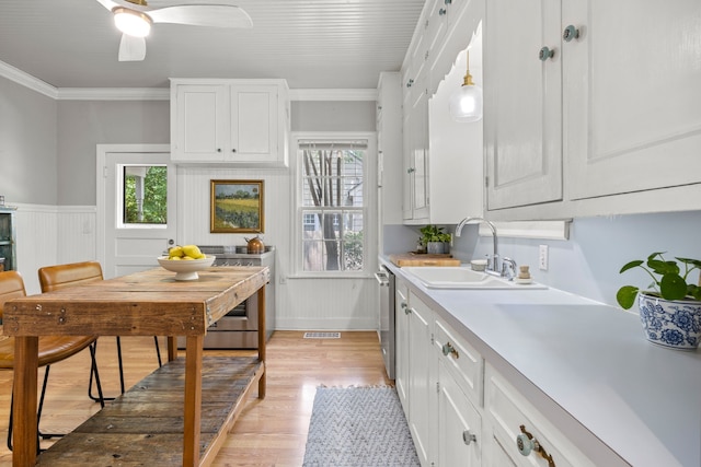 kitchen featuring white cabinets, a wealth of natural light, a sink, and light wood-style flooring