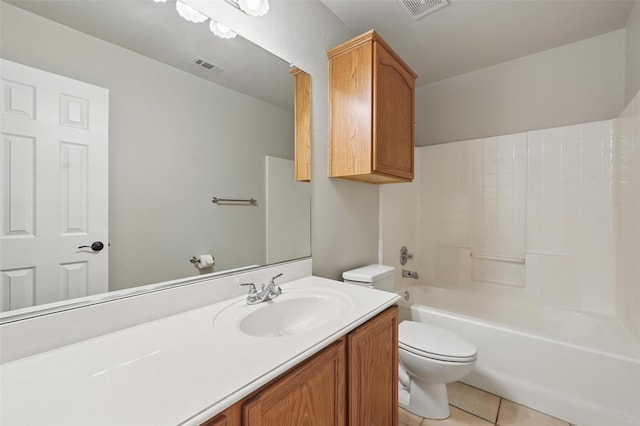 full bath featuring visible vents, tile patterned flooring, toilet, and vanity