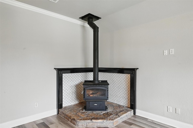 interior details featuring baseboards, a wood stove, and wood finished floors