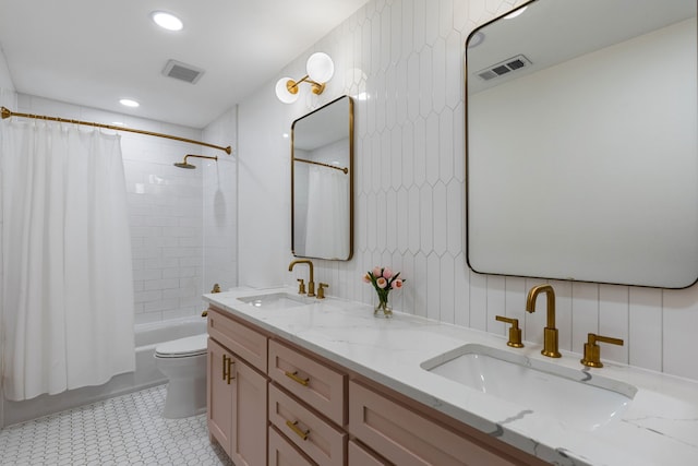 9918 Rustleleaf Dr, Dallas, TX 75238 - bathroom with double vanity, toilet, shower / bathtub combination with curtain, and recessed lighting