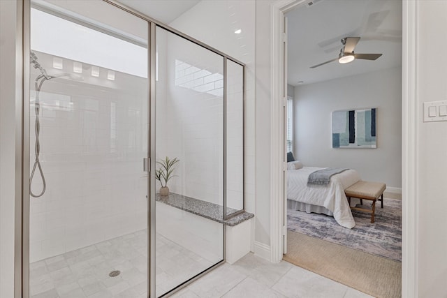 bathroom featuring ensuite bath, a stall shower, a ceiling fan, and tile patterned flooring