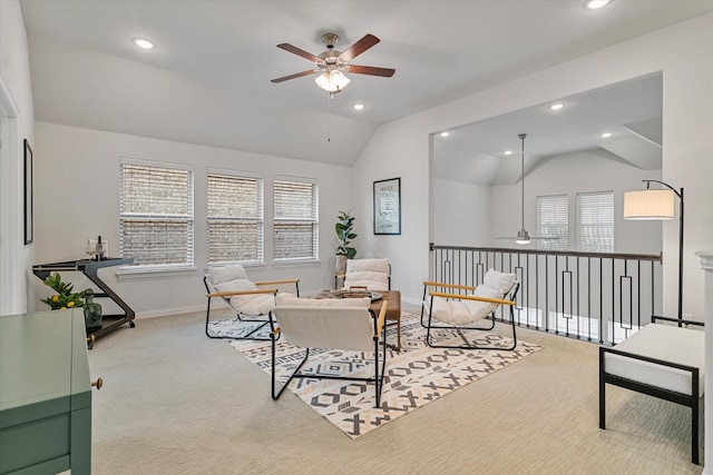 carpeted living room featuring ceiling fan, lofted ceiling, recessed lighting, and baseboards
