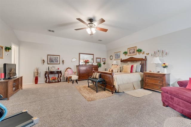 bedroom featuring visible vents, a ceiling fan, and carpet floors