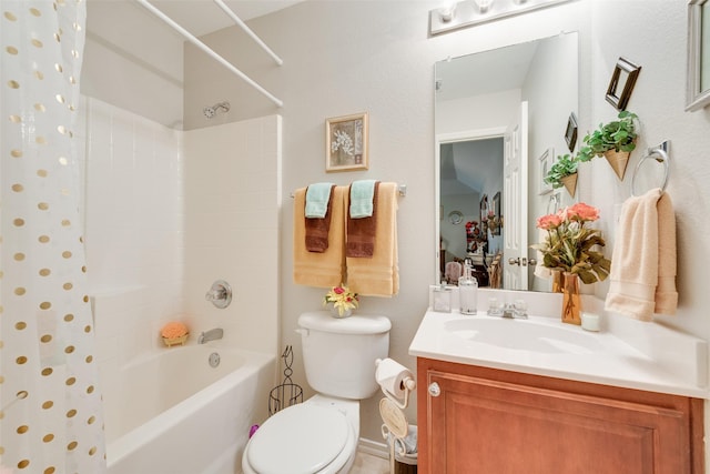 bathroom with vanity, toilet, and shower / bath combination with curtain