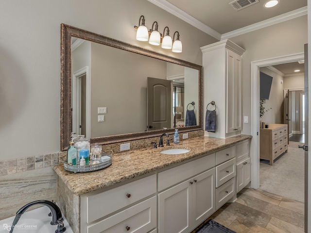 1113 Cypress Creek Cir, Shreveport, LA 71106 - bathroom with crown molding, recessed lighting, visible vents, and vanity