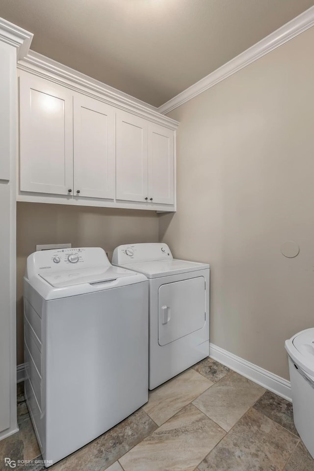 1113 Cypress Creek Cir, Shreveport, LA 71106 - washroom with baseboards, ornamental molding, cabinet space, and independent washer and dryer