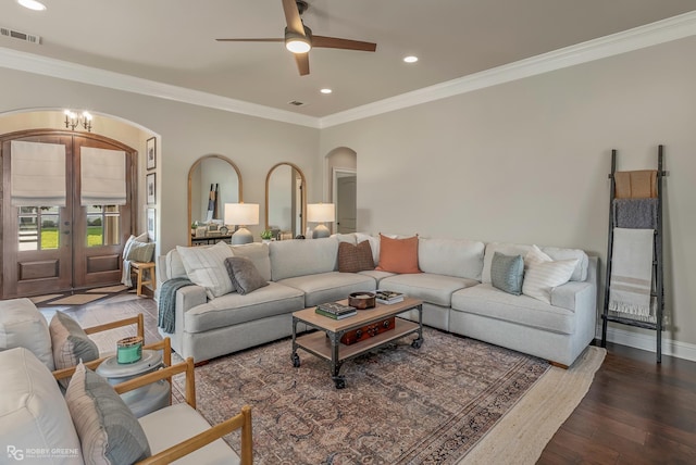 1113 Cypress Creek Cir, Shreveport, LA 71106 - living area featuring visible vents, crown molding, recessed lighting, french doors, and arched walkways