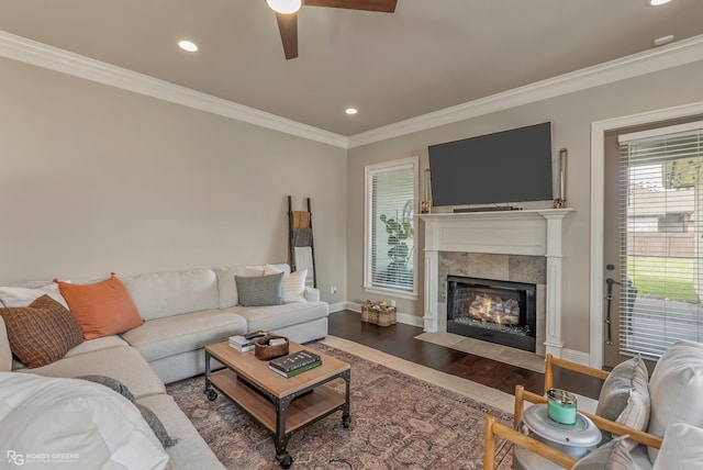 1113 Cypress Creek Cir, Shreveport, LA 71106 - living area with ornamental molding, ceiling fan, wood finished floors, and a fireplace