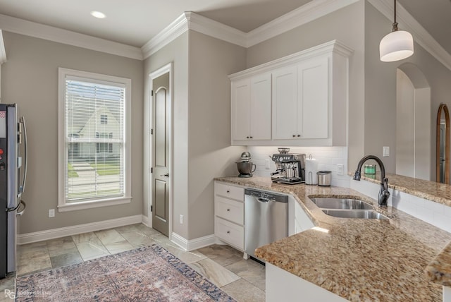 1113 Cypress Creek Cir, Shreveport, LA 71106 - kitchen with arched walkways, a sink, light stone counters, stainless steel appliances, and white cabinetry