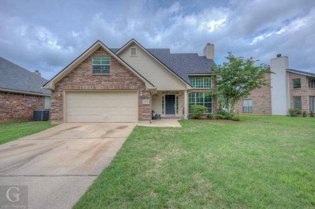 3666 Crestview Dr, Shreveport, LA 71119 - view of front of property featuring brick siding, cooling unit, a front lawn, concrete driveway, and an attached garage