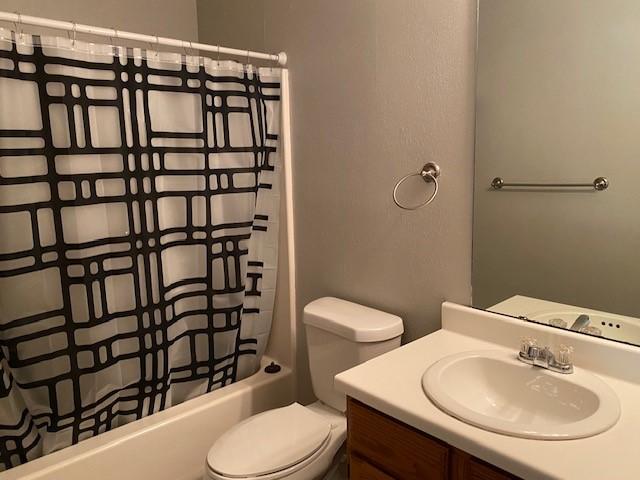 bathroom featuring vanity, toilet, and shower / tub combo