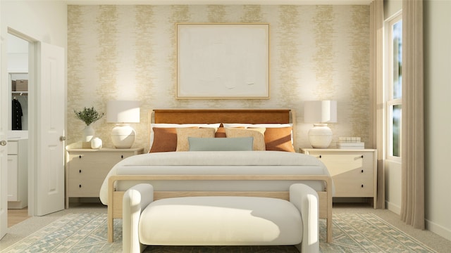 bedroom with wallpapered walls and baseboards