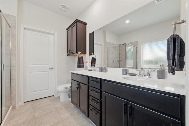 bathroom featuring visible vents, double vanity, toilet, a shower stall, and a sink
