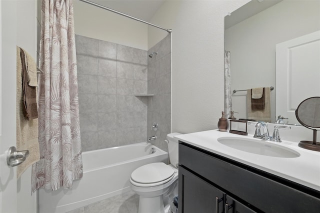 bathroom featuring vanity, toilet, tile patterned floors, and shower / tub combo with curtain