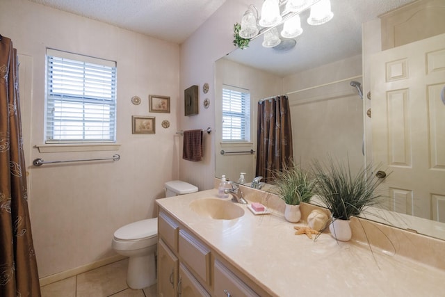full bath with toilet, curtained shower, tile patterned flooring, and vanity