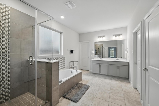 421 Acton Ave, Fort Worth, TX 76131 - full bath with a sink, double vanity, visible vents, a bath, and a stall shower