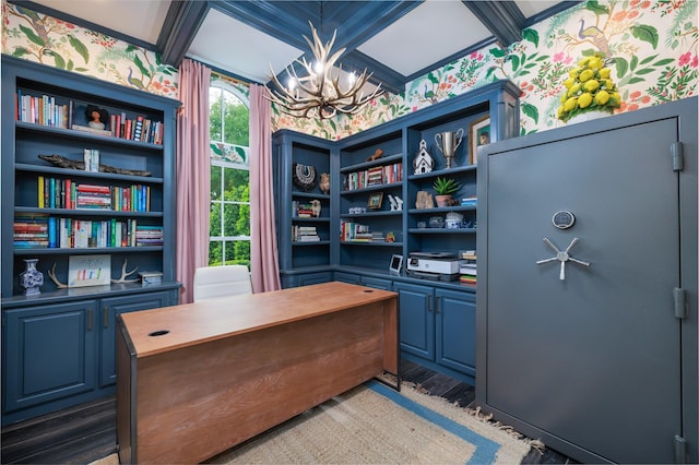 office area with wallpapered walls and an inviting chandelier